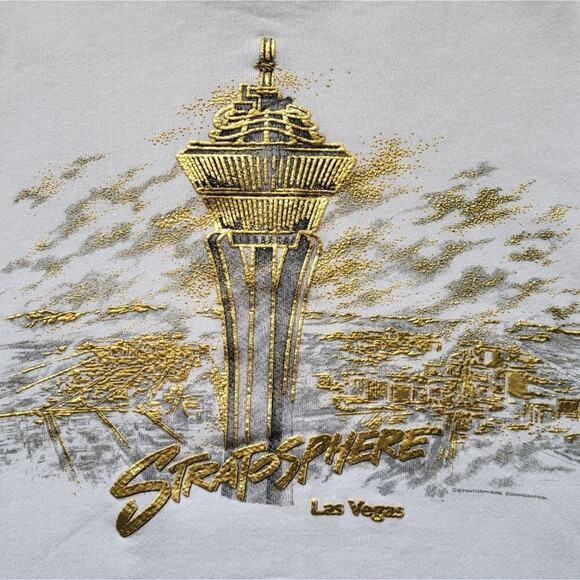 Vintage Las Vegas Stratosphere Metallic Gold Raised Print Slouchy Sweatshirt XL - Picture 2 of 11